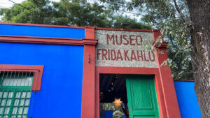 Exterior blue wall of the Frida Kahlo museum in Mexico City, also known as Casa Azul.