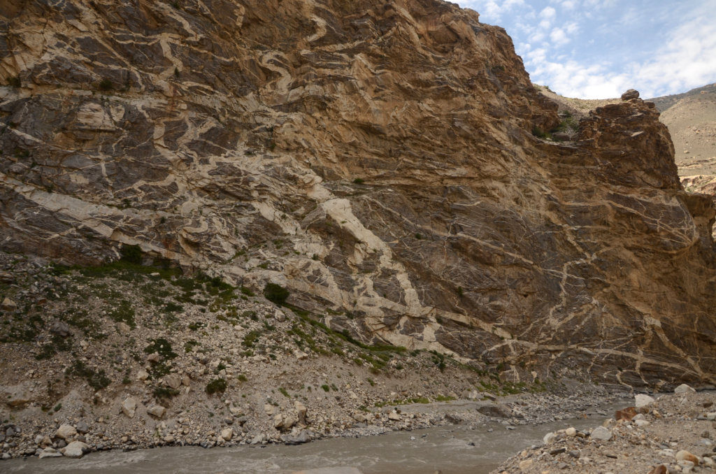 Strange marks on mountain walls, at the confluence of the rivers Spiti and Sutlej.