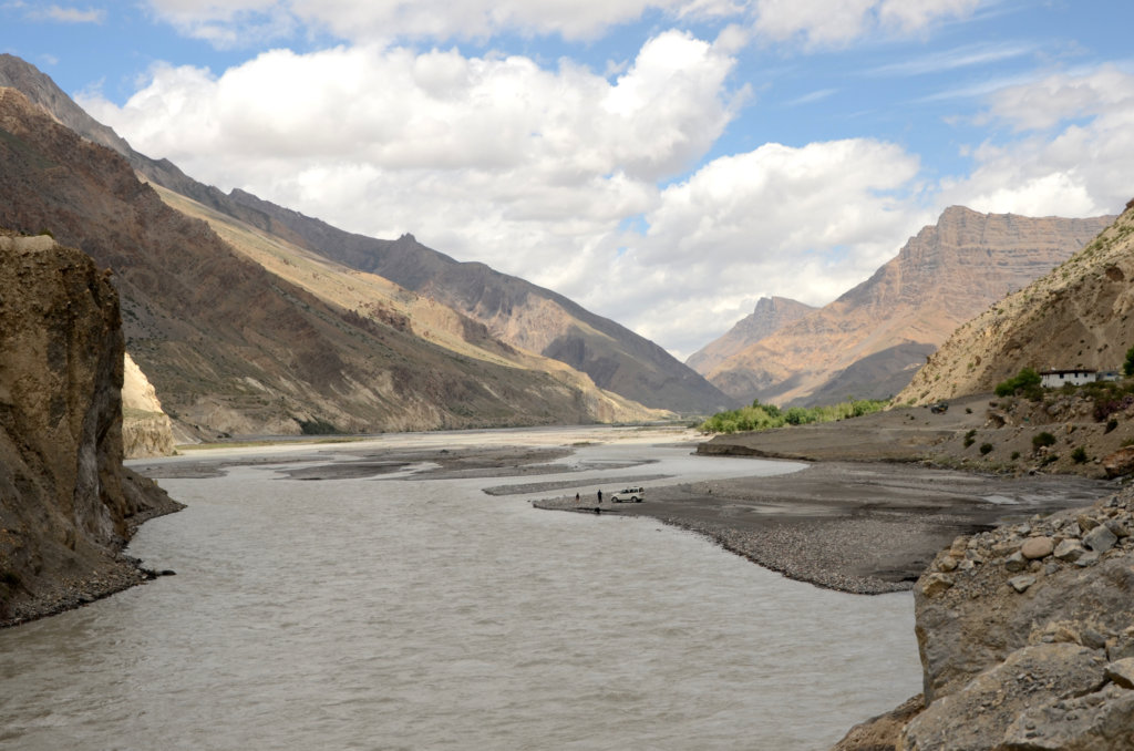 View of river, surrounded by the Himalayan mountains. Kinnaur and Spiti road trip.