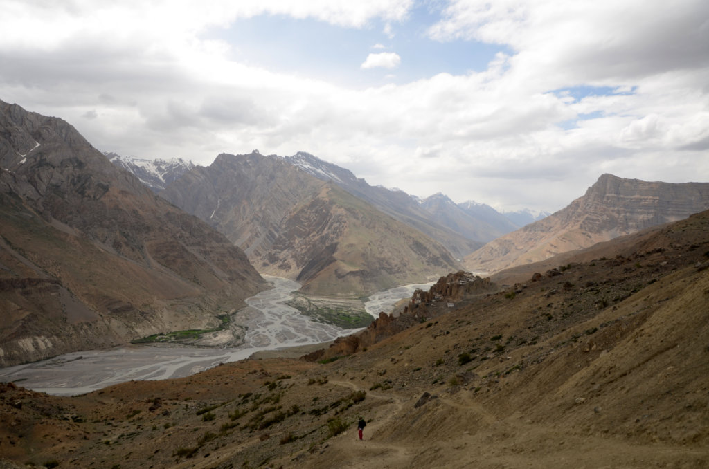 Confluence of the river Spiti and Pin. Viewed from the mountain roads leading from Dhankar Lake to Dhankar Monastery. Spiti valley.