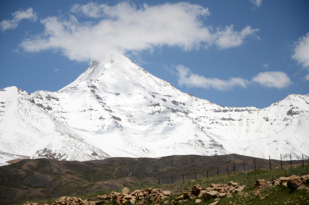 White snow-covered mountains at Langza village of Spiti.