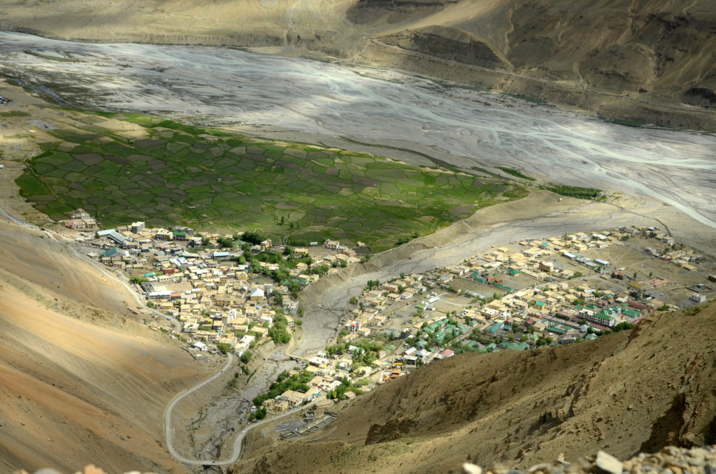 A bird's eye view of Kaza village, sub-divisional headquarters of Spiti valley.
