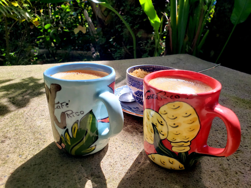Two cups of coffee, served on the table at the garden of Cafe Rico, Puerto Viejo, Costa Rica.