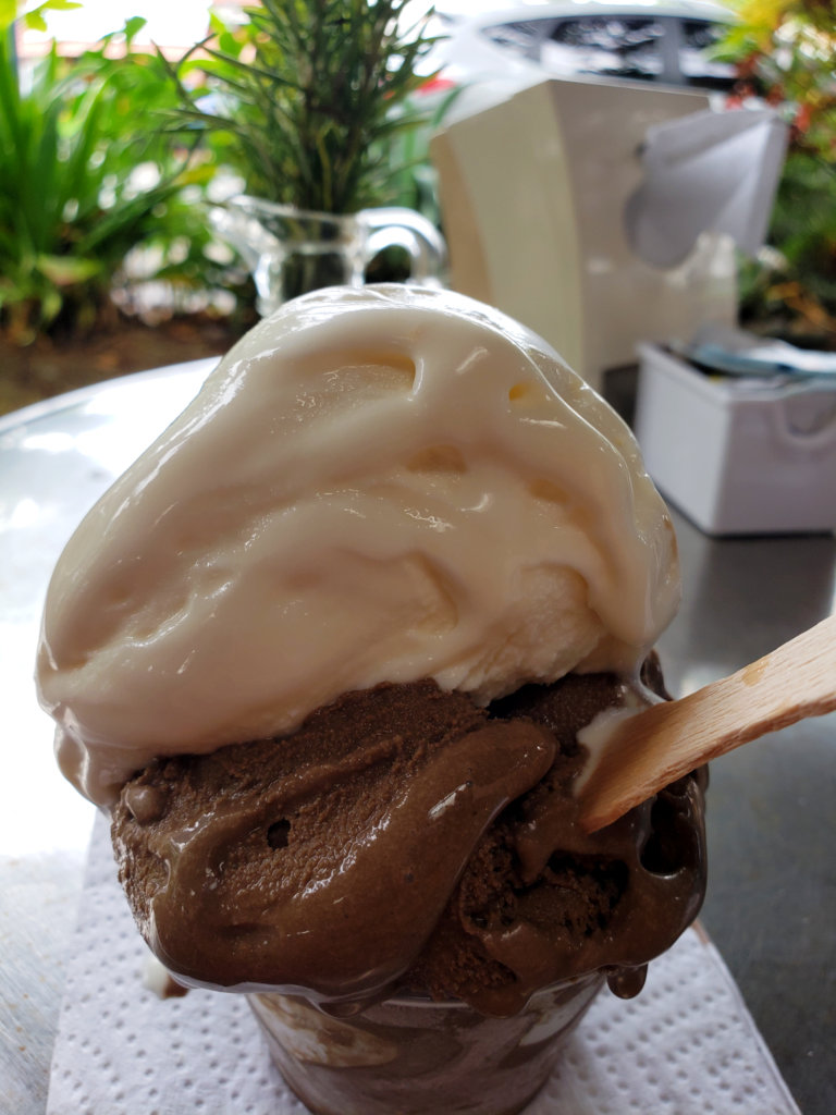 2 scoops of ice cream in Gelateria Deelite, best ice cream cafe in Puerto Viejo