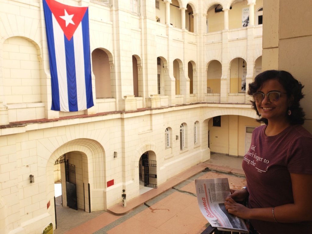 Pubali with the local Cuban newspaper Granma, at the Museo de la Revolucion