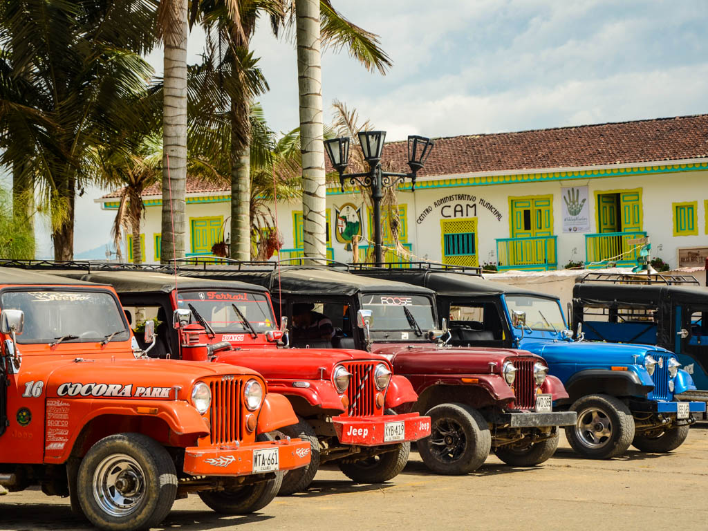 The Willys jeeps in Salento's central plaza