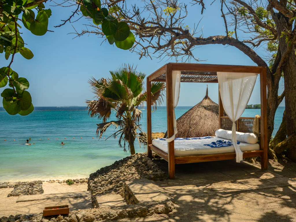 A bed in the outdoor area of a beach resort in Rosario Island, Colombia.
