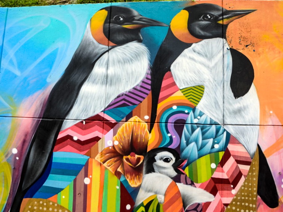 Wall painting of 2 penguins with 1 baby penguin - Comuna 13 graffiti