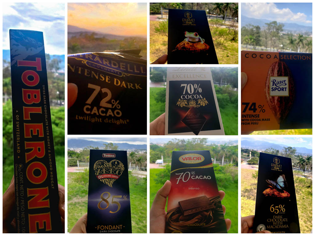 A collage of various dark chocolates.