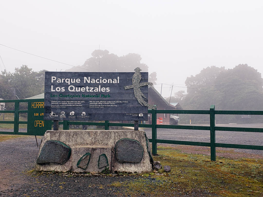 The board at the entrance of Los Quetzales National Park