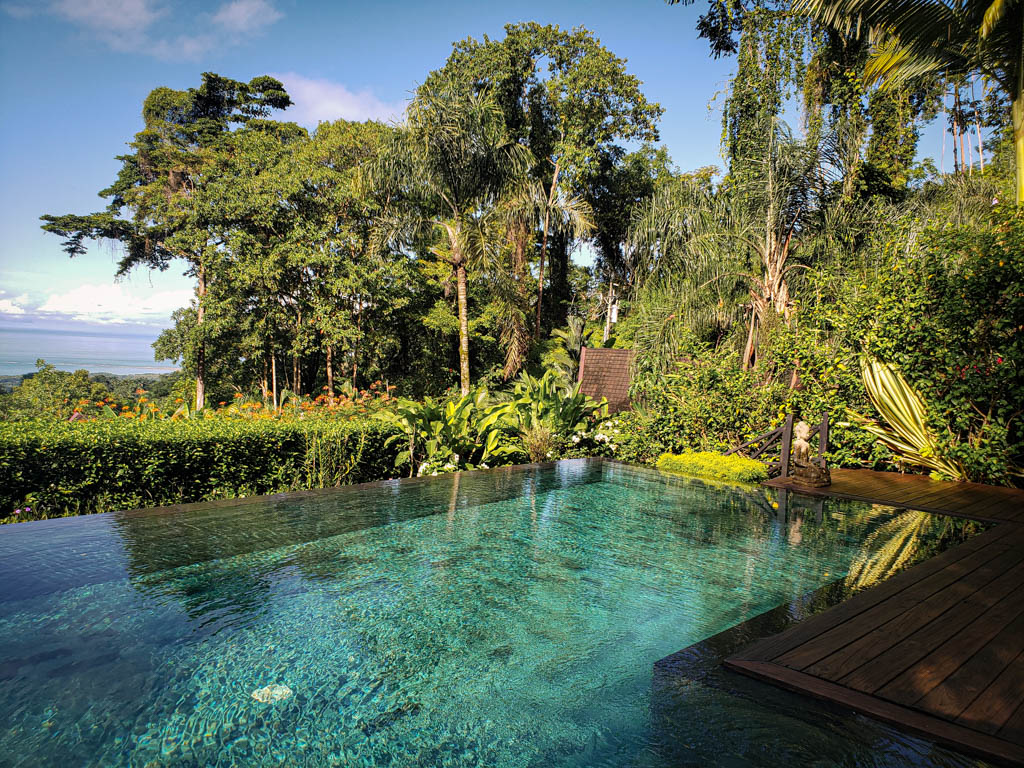 The infinity pool at Oxygen Jungle Villas, water glimmering under the soft morning sun.