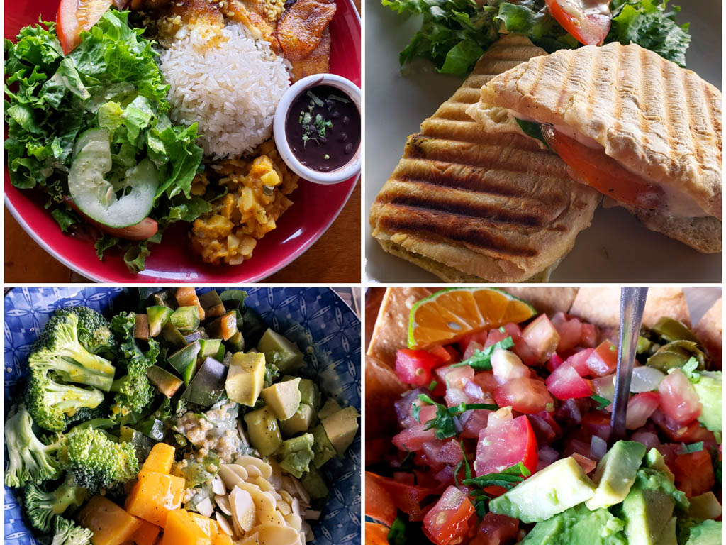 A collage of different dishes - Casado, Sandwich, Salad, Chifrijo at Maracuya Restaurant in Uvita.