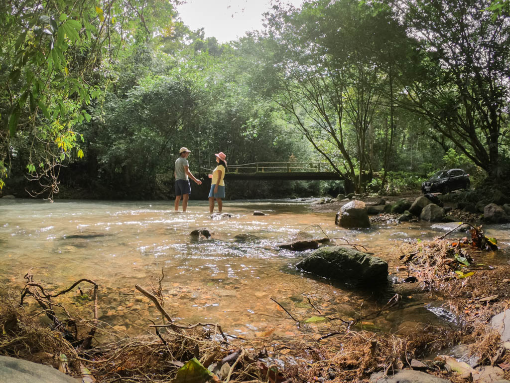 Paradise Catchers, playing in the river in Ojochal, Costa Rica. A metallic bridge is seen in the background.