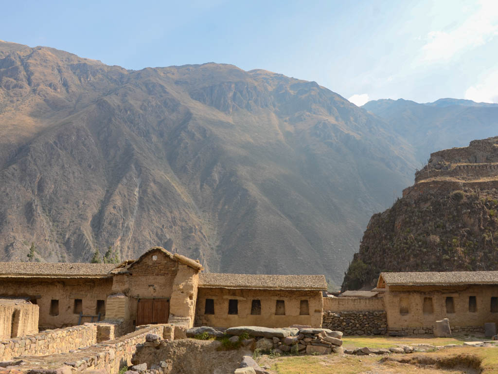 Ollantaytambo Ruins in Sacred Valley. Andean mountains in the background.
