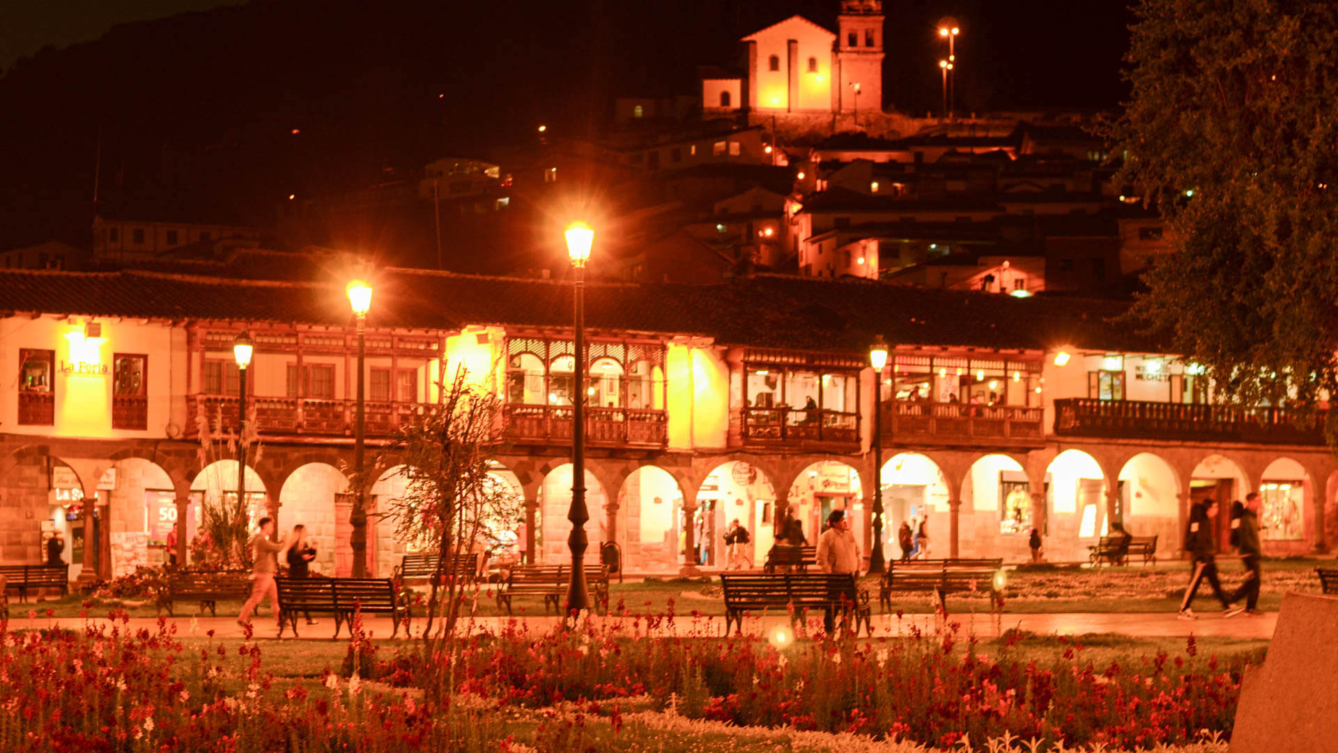 Plaza de Armas at night in Cusco, Peru