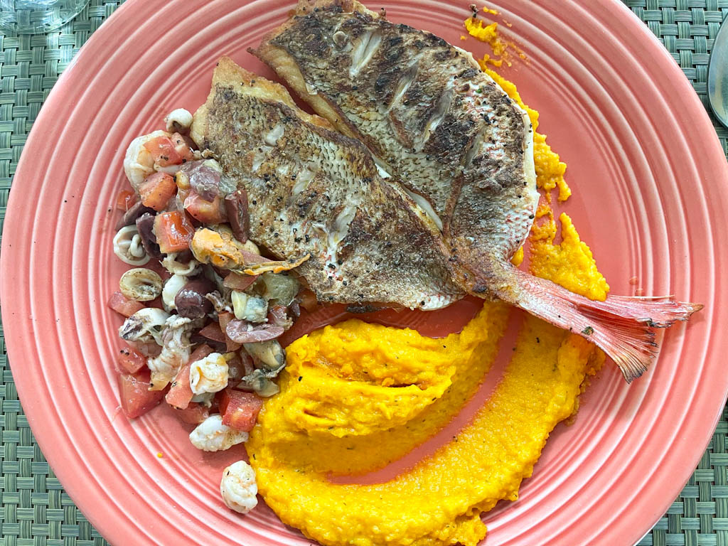 Grilled fish with a side of seafood salad and mashed sweet potato, served on a pink plate, at UBIN restaurant.