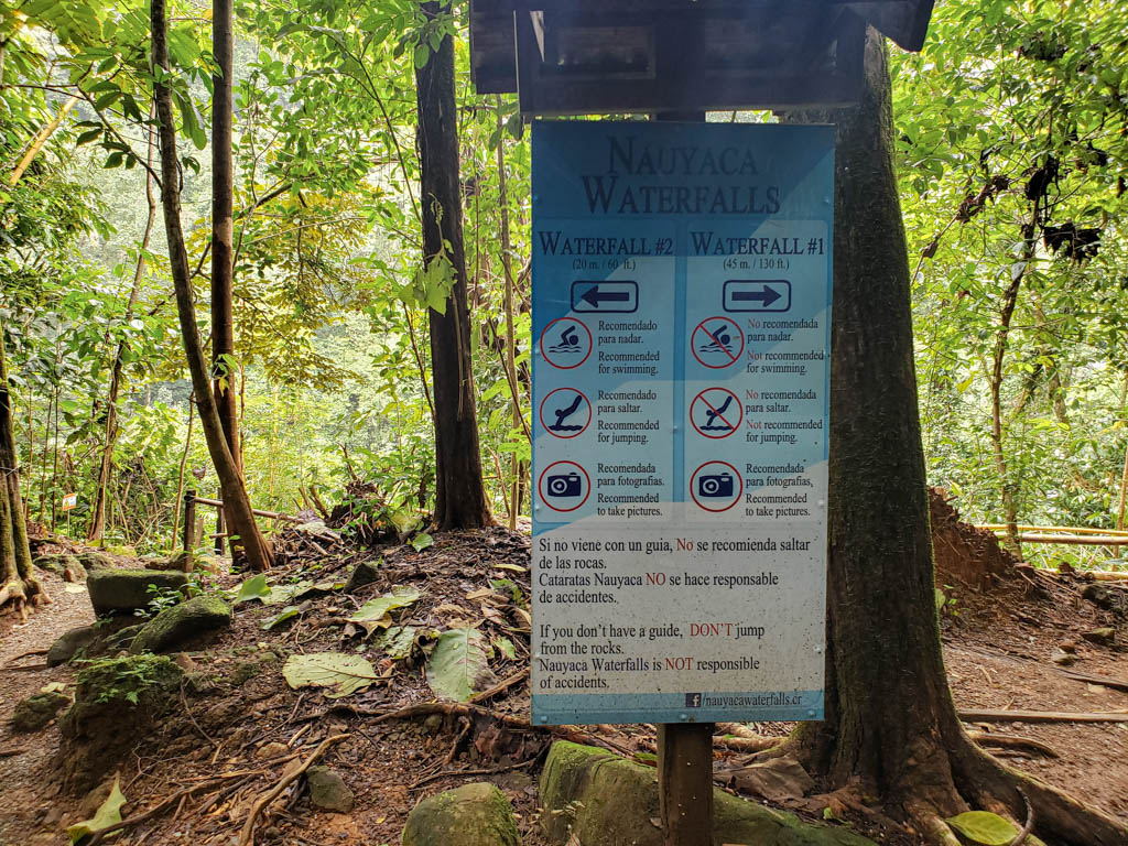 The signboard with direction to the final stairs leading to the waterfalls.