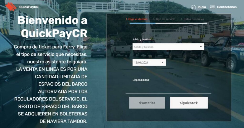 A screenshot of the online booking page for Puntarenas Ferry