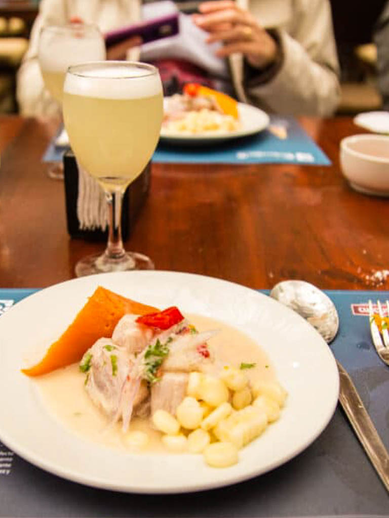 A glass of pisco sour and a plate of ceviche.