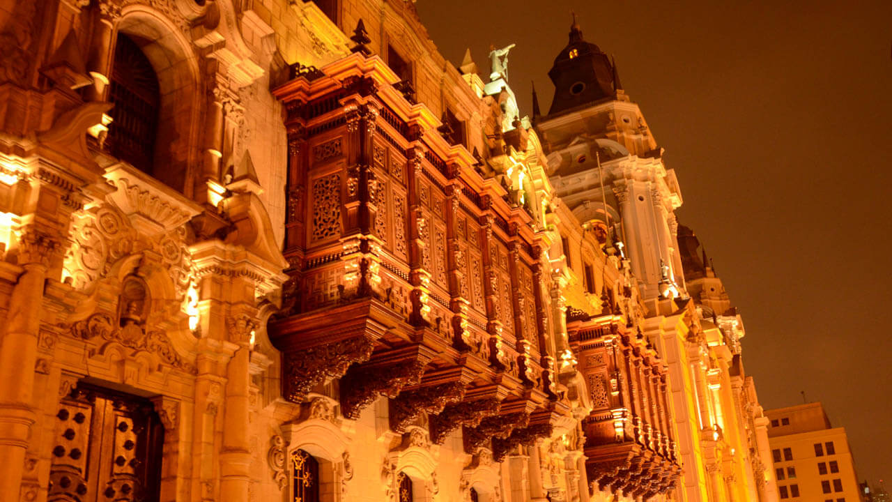 Night view of the colonial architecture of Lima, Peru