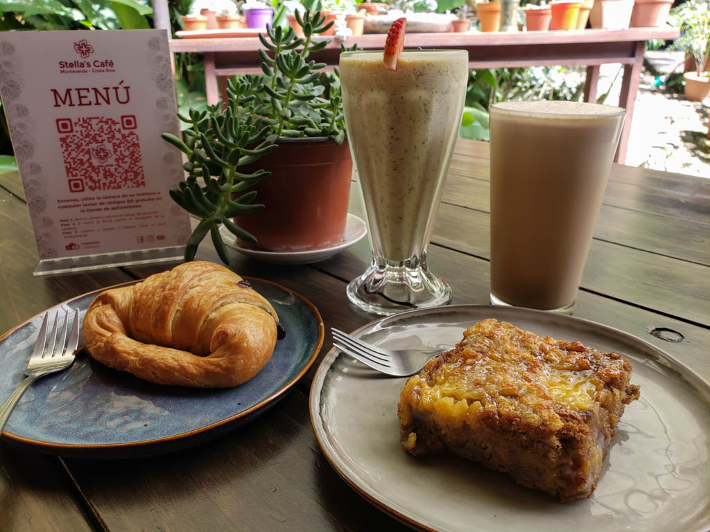 From left: Croissant with chocolate filling, Passion fruit shake, Cold coffee, Banana bread at Stella's Monteverde.