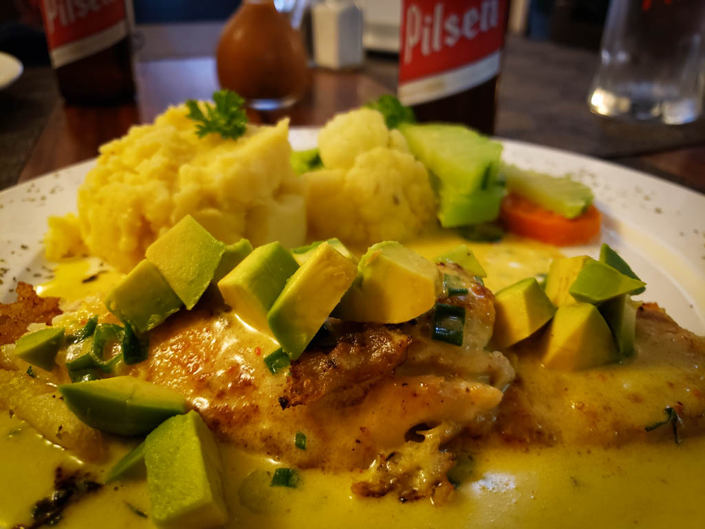 Sea bass in avocado sauce, at Restaurante Tico y Rico in Monteverde.