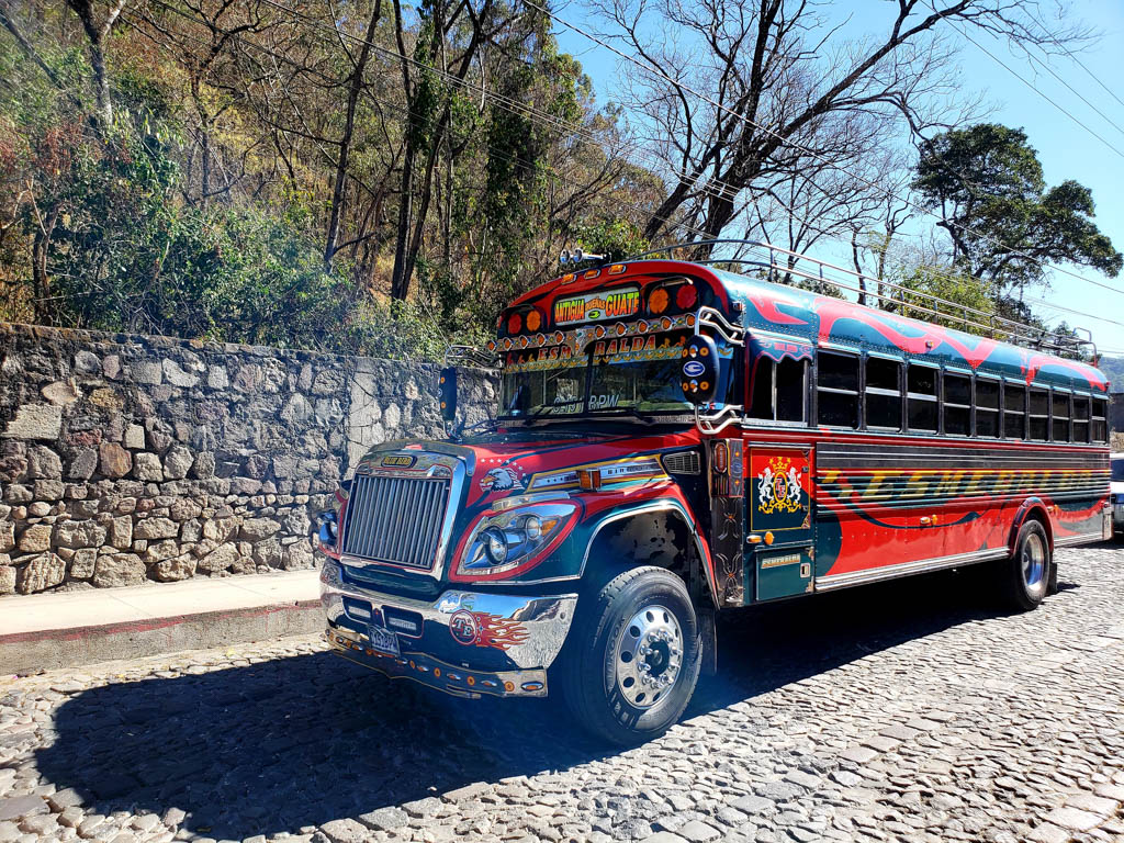 Chicken Bus on the cobblestone streets of Antigua Guatemala.