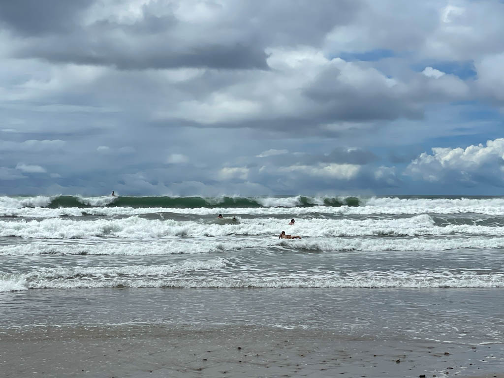 Surfers and swimmers in Pacific.