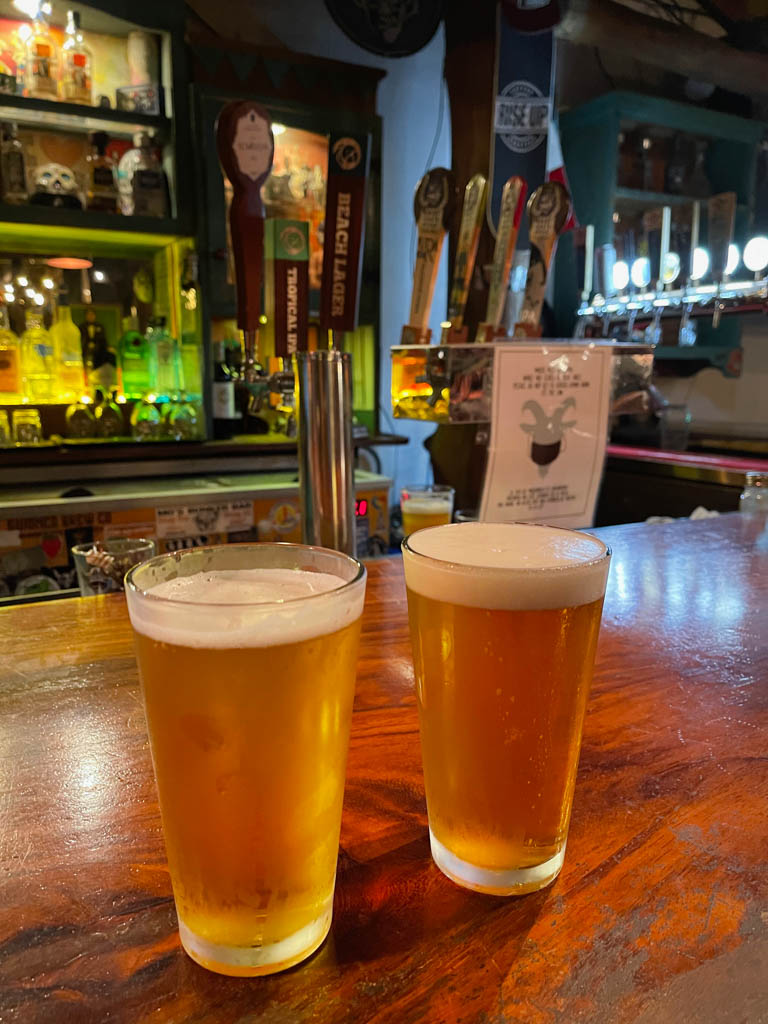 Two glasses of craft beet at El Chivo bar.