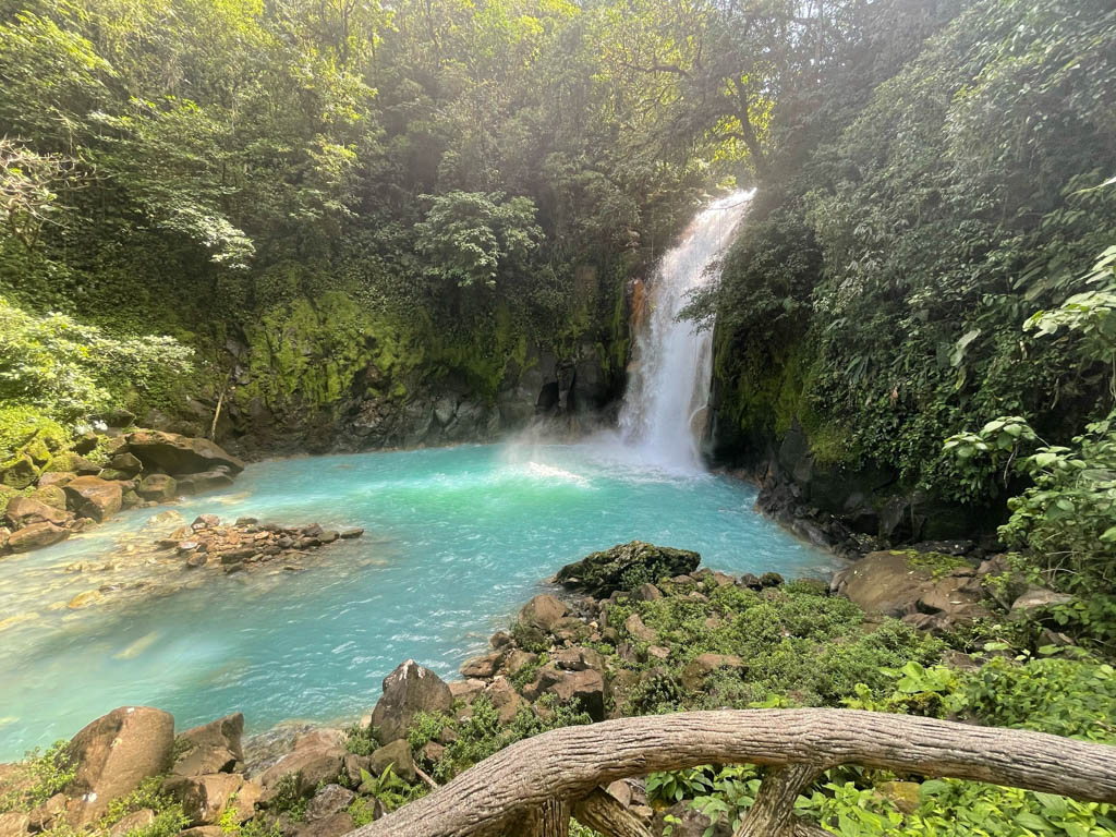 A closer view of Rio Celeste waterfall from the viewing platform.