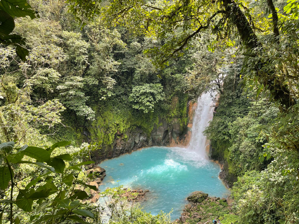 Rio Celeste waterfall tumbling into a sky blue pool, surrounded by lush green rainforest.