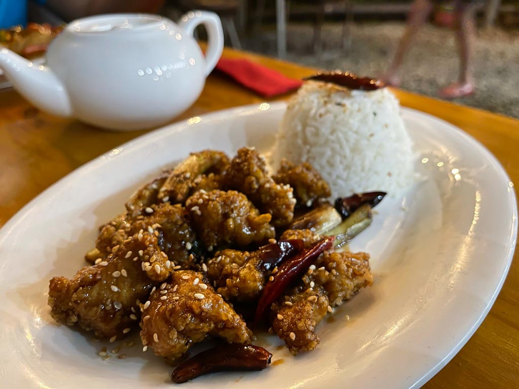 Hot Spicy Szechuan Chicken, served with jasmine rice, at House of Ginger restaurant in Uvita.