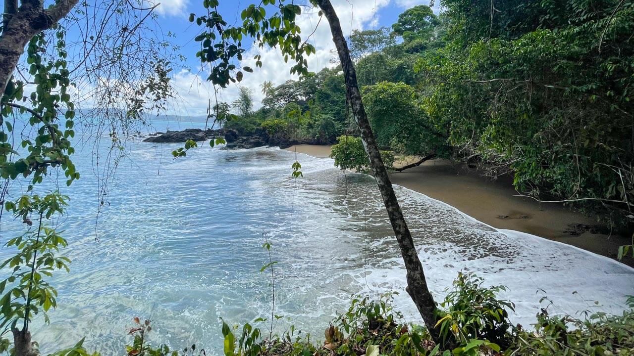 View on the Drake Bay beach hike trail - Pacific Ocean framed by the lush jungle of Osa peninsula in Costa Rica.