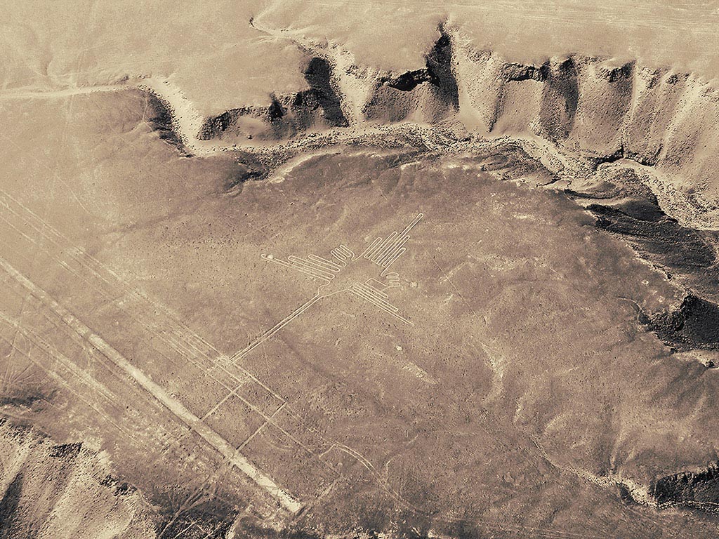 An aerial view of the Nazca Lines hummingbird.