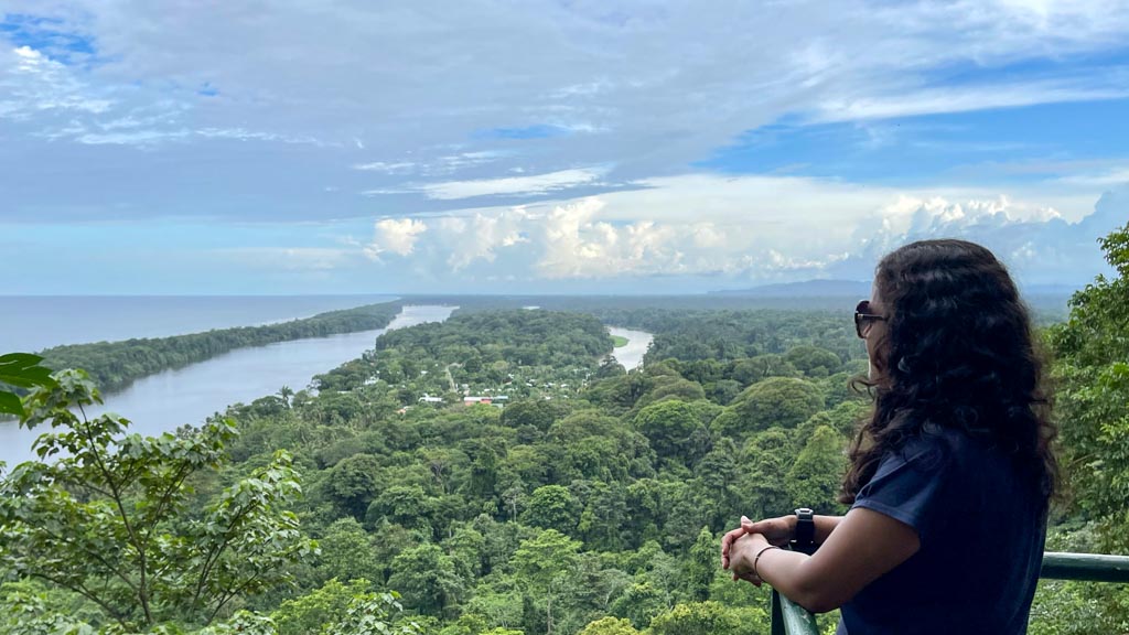 Girl in dark blue t-shirt, enjoying the view from the top of Cerro Tortuguero.