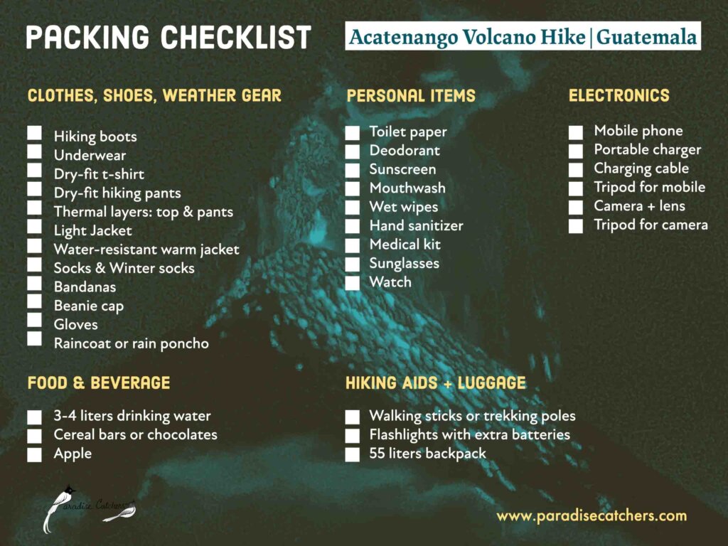 Free checklist for Acatenango Volcano Overnight Hiking in Guatemala.