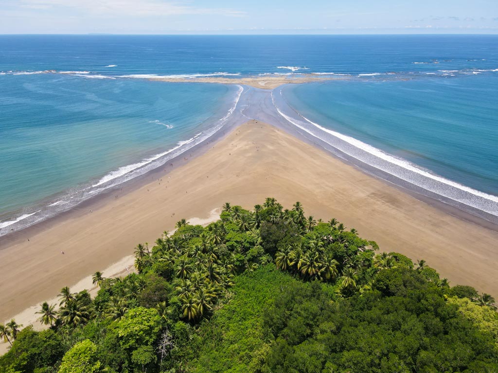 An aerial view of Whale's Tail beach in Uvita, a beautiful place in Costa Rica.