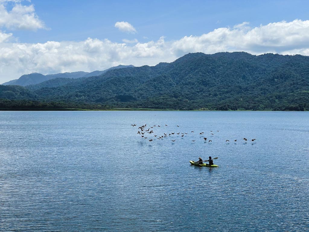 Couple of people kayaking on the calm Lake Arenal, and a flock of birds flying next to them.