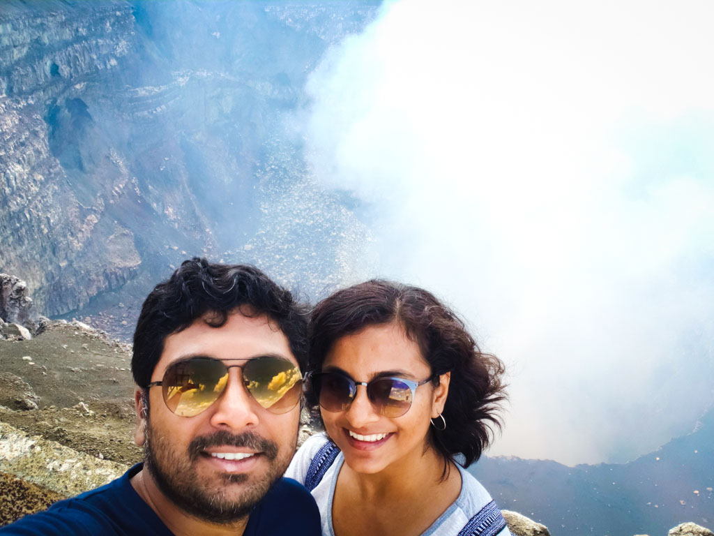 An Indian couple posing for a selfie next to the Masaya Volcano in Nicaragua.