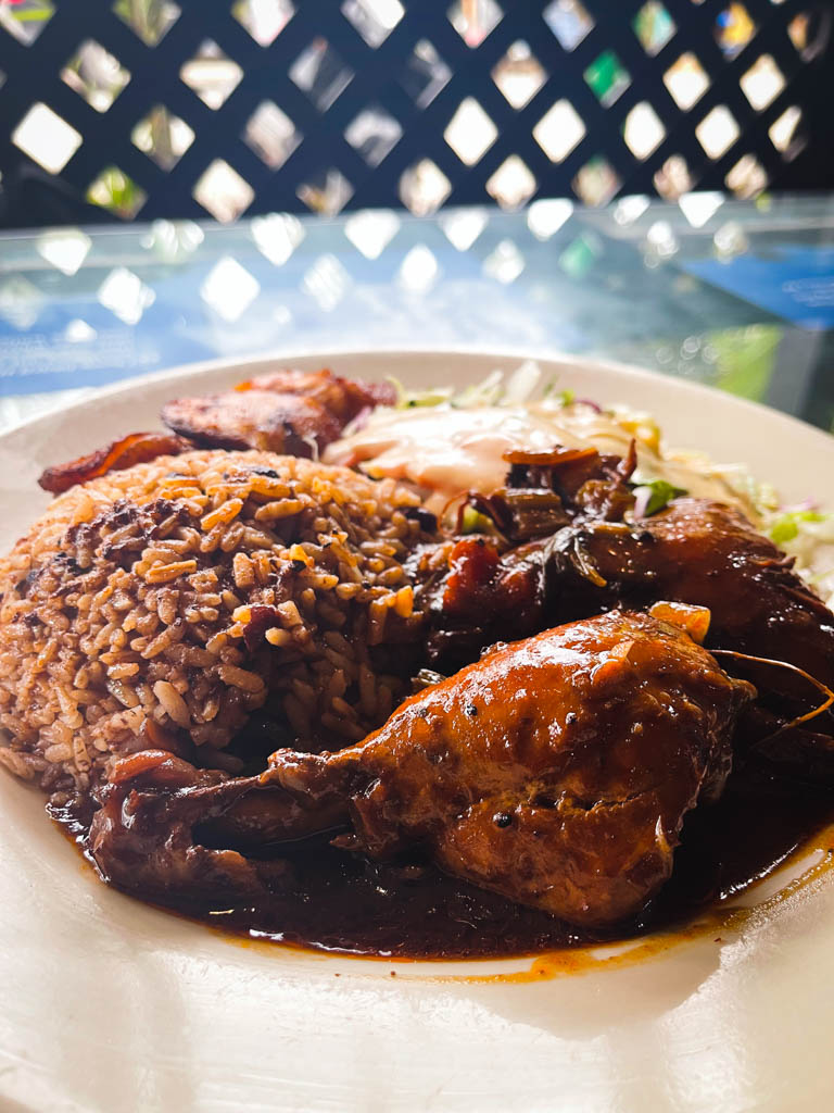 Rice and beans with chicken, a must try dish in Puerto Viejo de Talamanca.