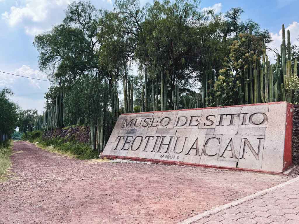 Teotihuacan Museum sign on display near the Gate 2 entrance of Teotihuacan archaeological site in Mexico.