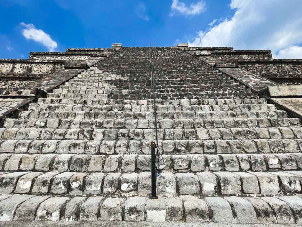 A close up view of the steep steps of the Pyramid of the Moon at Teotihuacan in Mexico.