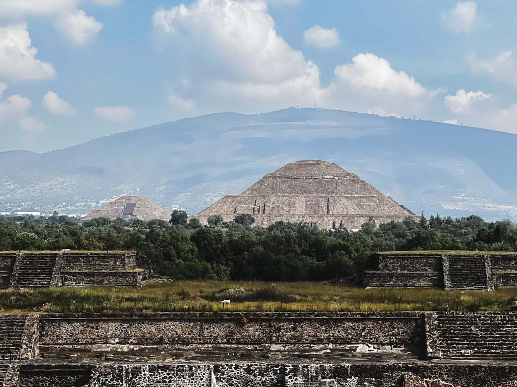 Pyramid of the Sun and Pyramid of the Moon, as seen from the Quetzalcoatl area in Teotihuacan.