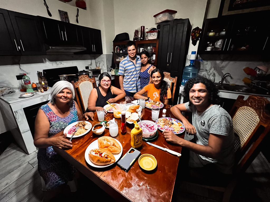 A homely dinner gathering at the guesthouse, Casa Blanca Tu Casa, in Santa Ana, El Salvador.