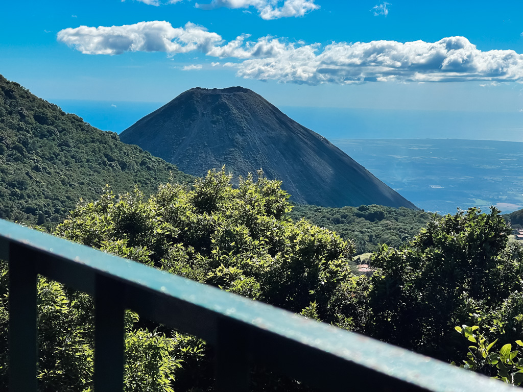 View of Izalco volcano from the watchtower on the Santa Ana volcano hike trail.