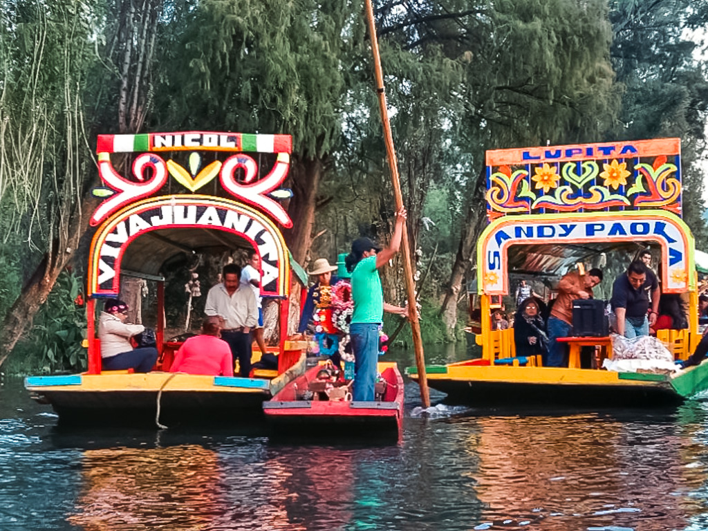 Colorful trajineras at Xochimilco.