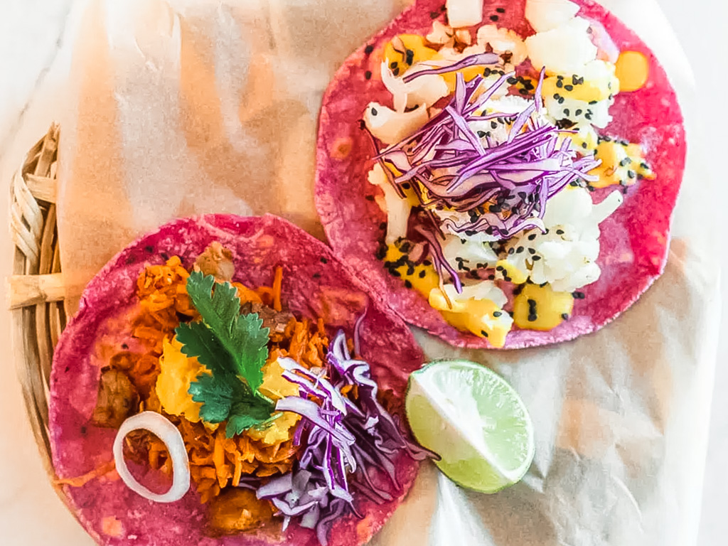 Vegan beet tacos as La Pitahaya Vegana.