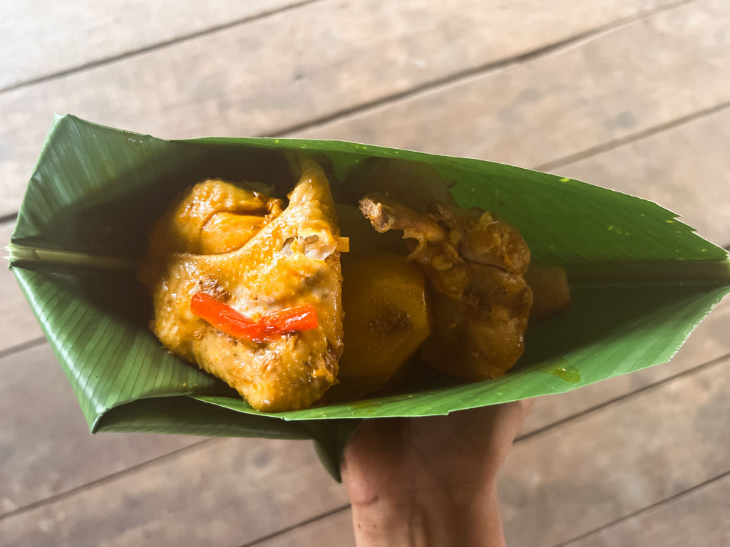 Lunch of Chicken and Rice, served in a banana leaf, the traditional Bribri style.