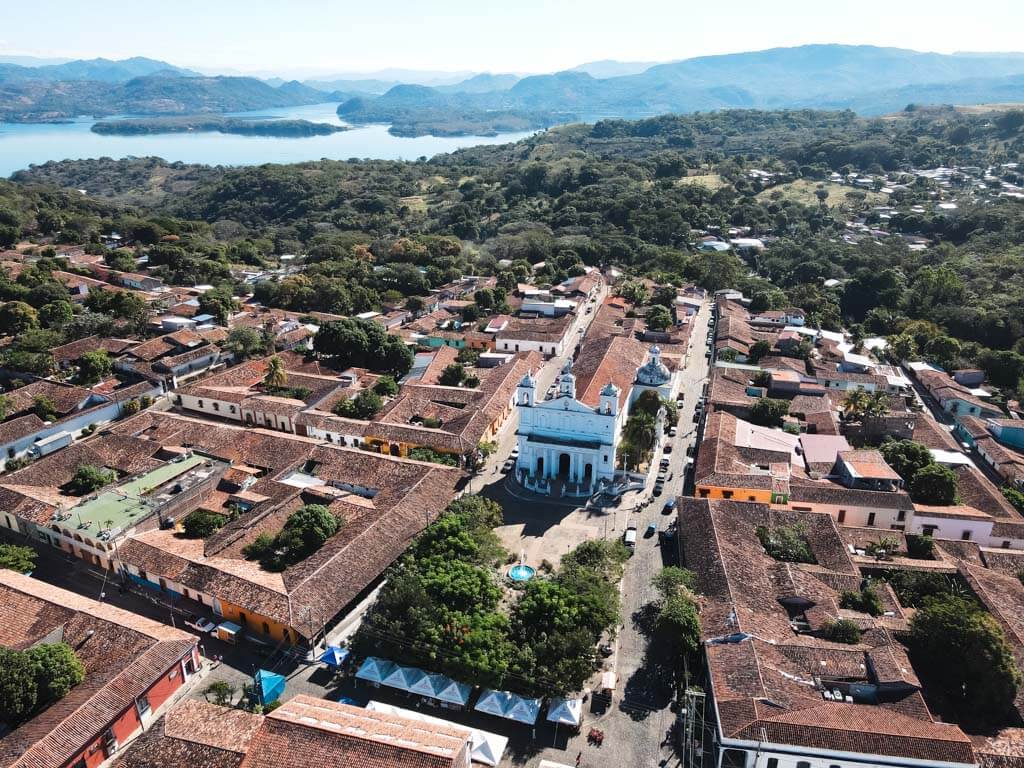 An aerial view of Suchitoto town in El Salvador.