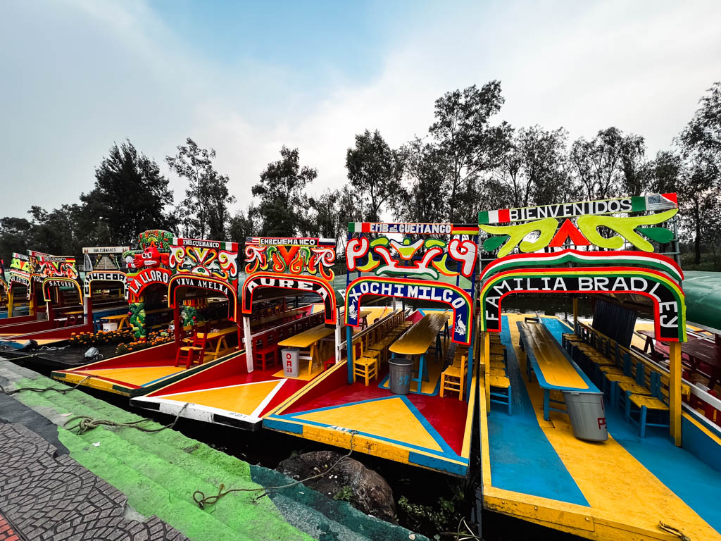 The colorful trajineras in Xochimilco.